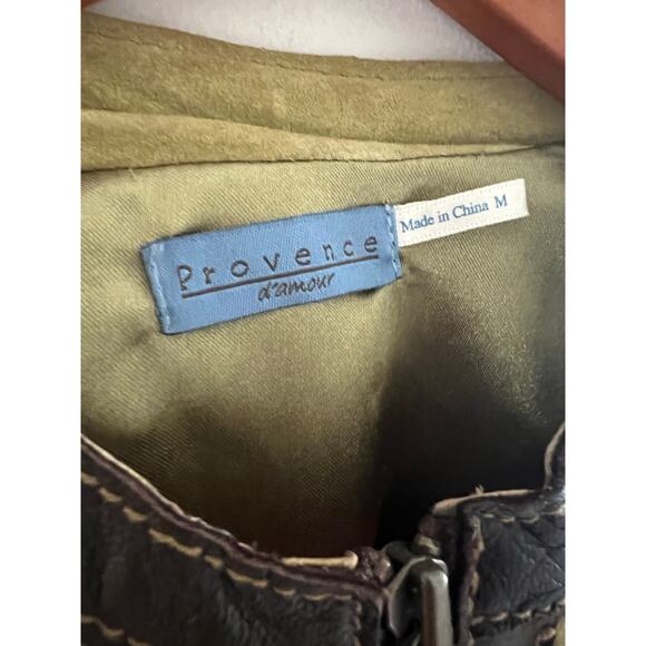 Provence D'amour Light Green & Brown Zip Up Leather Jacket Size Medium JL - Picture 6 of 9